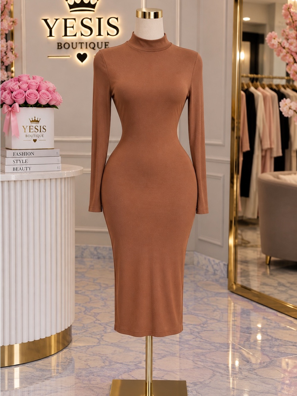 Elegant Long Sleeve Brown Dress